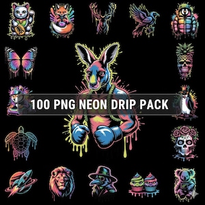 May include: A collection of neon-style illustrations on a black background. The images include a kangaroo in boxing gloves, a cat, a fox, a deer, a bird, a penguin, a butterfly, a turtle, a rocket, a lion, a plague doctor, cupcakes, a koala, and a skull.