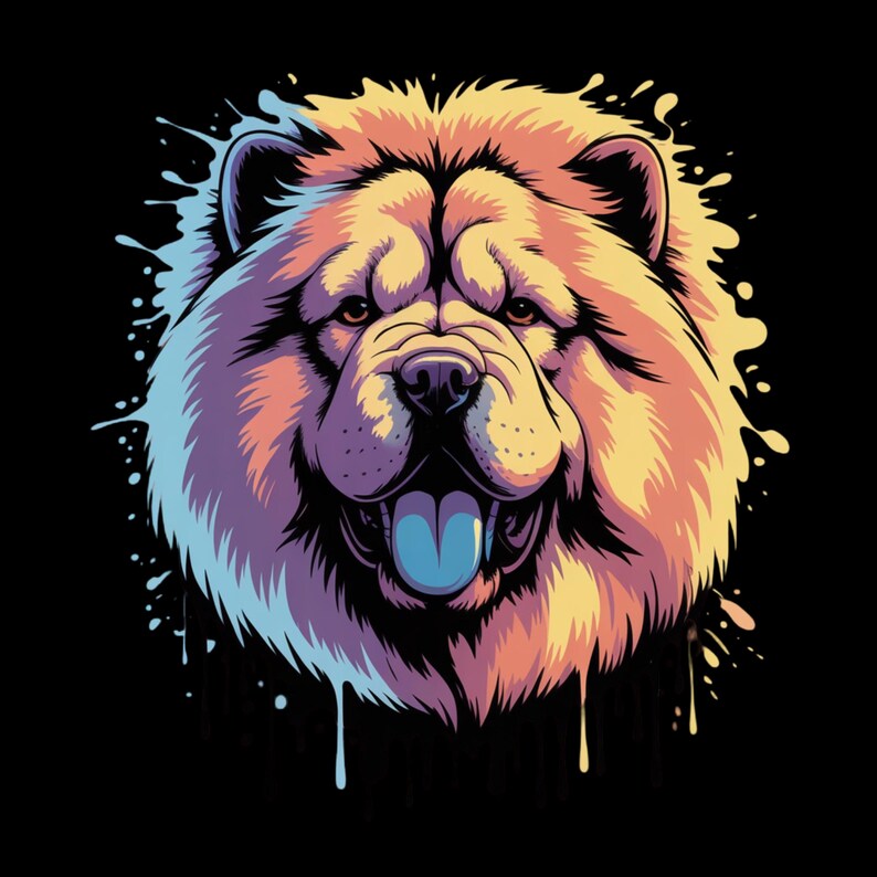 May include: A colorful illustration of a Chow Chow dog's face, featuring a gradient of colors including yellow, orange, purple, and blue. The dog has a blue tongue and is set against a black background with paint splatter effects.
