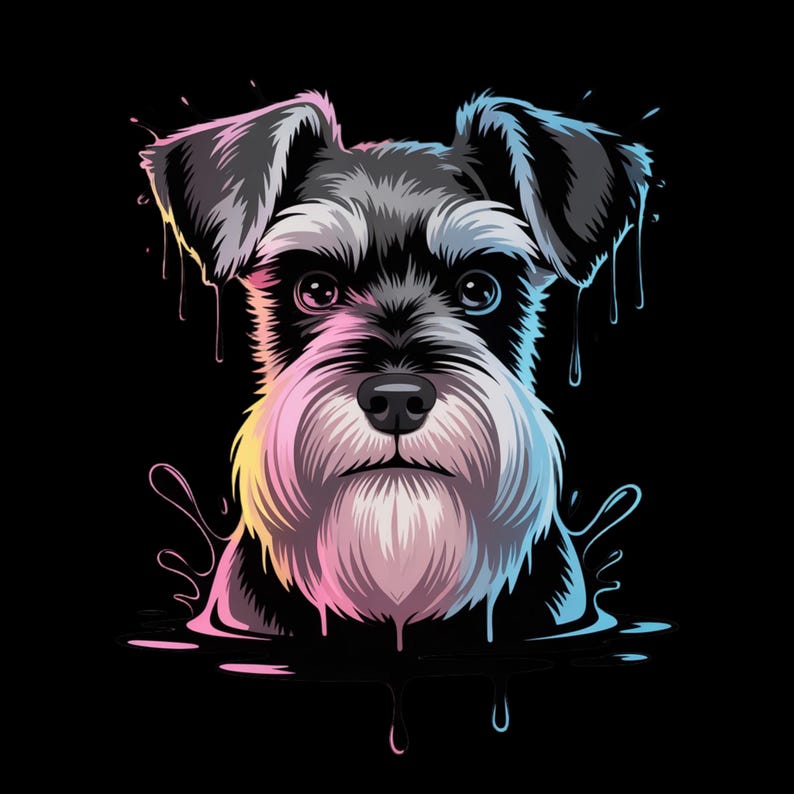 May include: A digital illustration of a Schnauzer dog with a black and white coat, a long white beard, and large, expressive eyes. The image features a vibrant color palette with pink, yellow, and blue accents, and a black background.