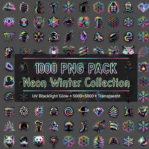 Neon Winter PNG Bundle – Blacklight Snowflakes, Auroras, Crystals (5000x5000)