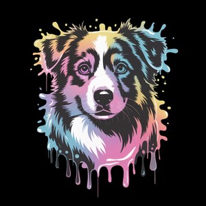 May include: A colorful graphic of a dog's face with a black background. The dog's fur is black, white, and brown, with rainbow-colored paint splatters around the edges. The dog has one blue eye and one purple eye.