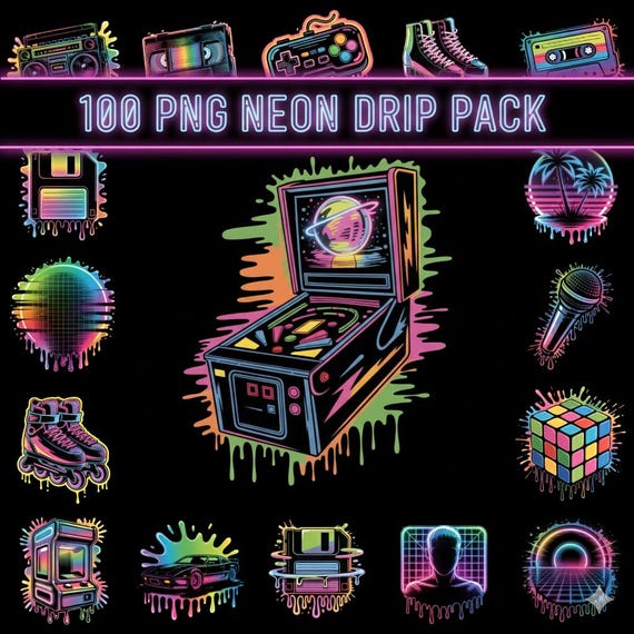 Neon 80s Retro PNG Bundle: Cyberpunk Arcade Graphics (Digital Download)