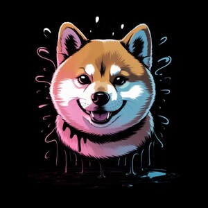 May include: A digital illustration of a Shiba Inu dog with a smiling expression. The dog's fur is brown and white, with pink and blue accents around the face and neck. Black background with dripping paint effect.
