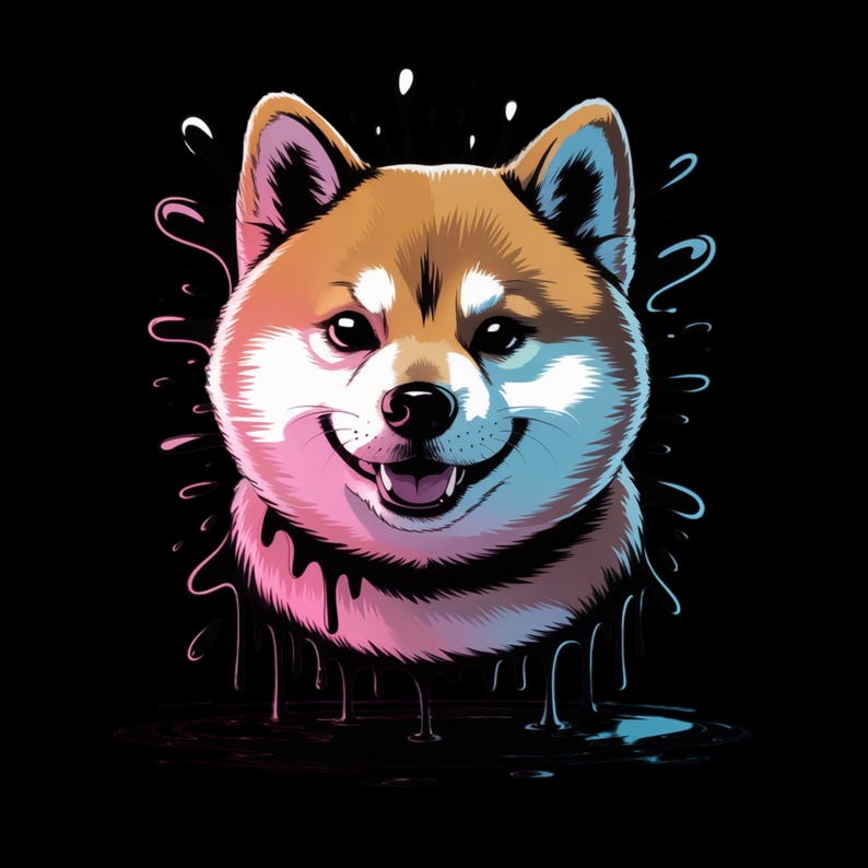 May include: A digital illustration of a Shiba Inu dog with a smiling expression. The dog's fur is brown and white, with pink and blue accents around the face and neck. Black background with dripping paint effect.