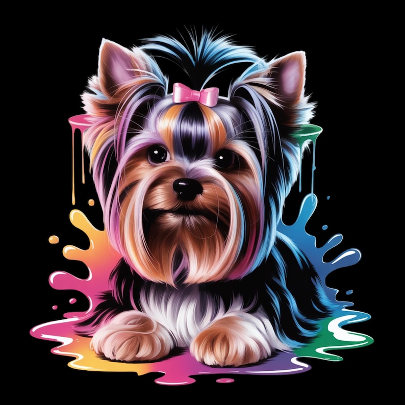 May include: A colorful illustration of a Yorkshire Terrier dog with a pink bow. The dog's fur is a mix of brown, black, and white, with rainbow-colored paint splatters around it. The background is black.