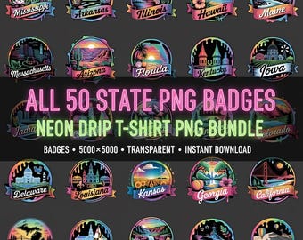 50 State Neon Badge PNG Bundle • Retro Travel Stickers • T-Shirt Sublimation • POD-Ready Transparent Files