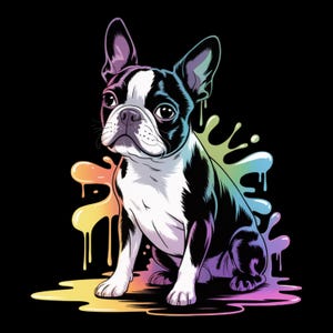 May include: A digital illustration of a Boston Terrier dog with a black and white coat, sitting against a black background. Colorful paint splatters in shades of yellow, orange, green, and purple surround the dog.