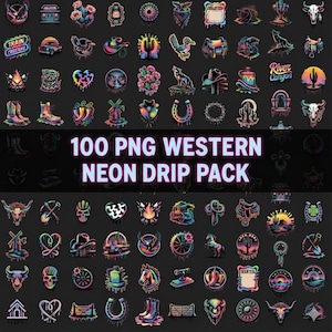 May include: A collection of 100 PNG Western neon drip pack graphics. The graphics include cowboy hats, boots, horseshoes, and other western-themed images with a neon drip effect. The text "100 PNG WESTERN NEON DRIP PACK" is displayed in the center.
