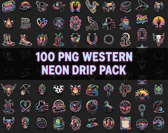 Retro western neon-png-bundel – 100 UV-gloed cowboy- en cowgirl-T-shirtontwerpen (transparante png-stijl)