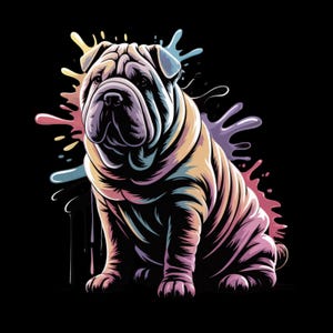 May include: A colorful illustration of a Shar Pei dog sitting against a black background. The dog is depicted with a variety of colors, including yellow, pink, purple, and blue. Splatter-like paint effects surround the dog, adding to the artistic style.