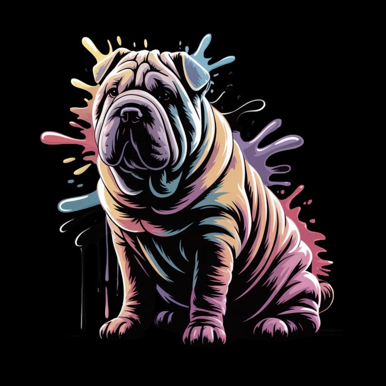 May include: A colorful illustration of a Shar Pei dog sitting against a black background. The dog is depicted with a variety of colors, including yellow, pink, purple, and blue. Splatter-like paint effects surround the dog, adding to the artistic style.