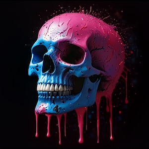 May include: A human skull painted in blue and pink with dripping paint. The skull is set against a black background.