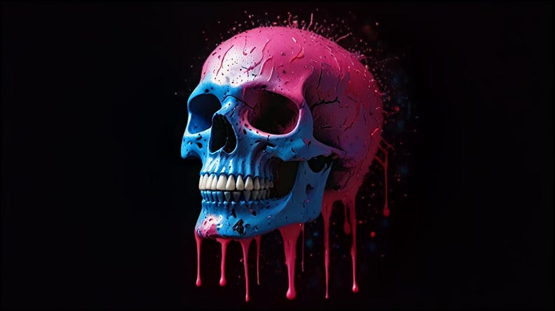 May include: A human skull painted in blue and pink with dripping paint. The skull is set against a black background.
