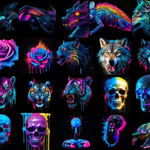 May include: A digital collage of various images, including animals, flowers, skulls, and other abstract designs. The images are all rendered in a vibrant, neon color palette and have a psychedelic, trippy aesthetic.
