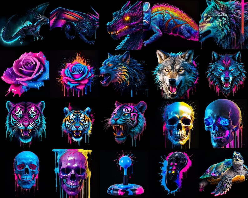 May include: A digital collage of various images, including animals, flowers, skulls, and other abstract designs. The images are all rendered in a vibrant, neon color palette and have a psychedelic, trippy aesthetic.