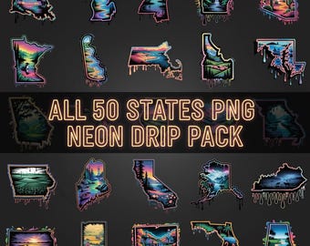 50 USA State PNG Bundle | Neon Drip Outlines | Graffiti T-Shirt Designs | Digital Download