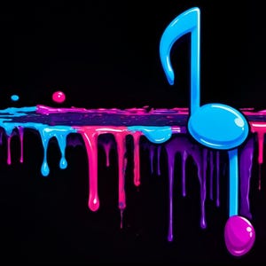May include: A blue musical note dripping with pink, blue, and purple paint against a black background.