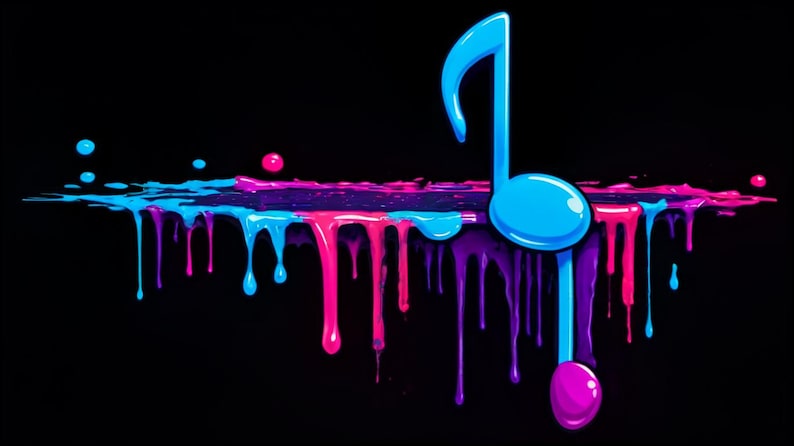 May include: A blue musical note dripping with pink, blue, and purple paint against a black background.