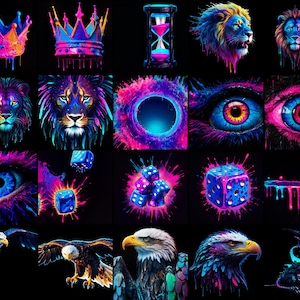 May include: A digital collage of neon-colored images, including a lion, an eagle, a crown, dice, an eye, and a musical note. The images are set against a black background.