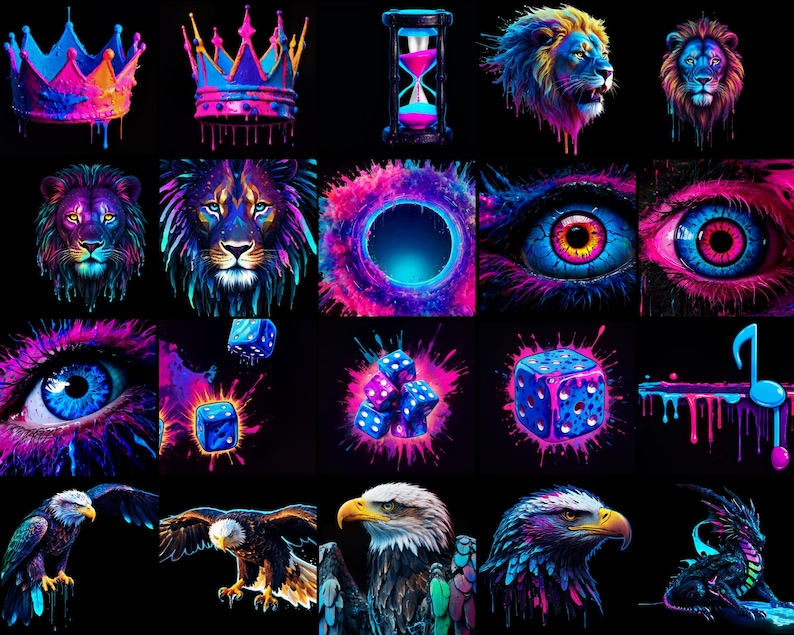 May include: A digital collage of neon-colored images, including a lion, an eagle, a crown, dice, an eye, and a musical note. The images are set against a black background.