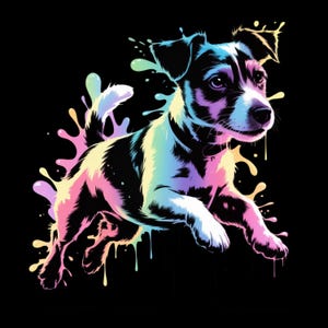 May include: A digital illustration of a Jack Russell Terrier dog in a playful pose, set against a black background. The dog is rendered in a vibrant palette of rainbow colors, with paint-like splashes emanating from its form.