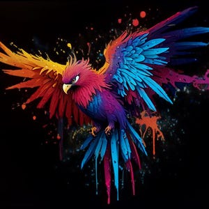 May include: A colorful bird with outstretched wings, painted in shades of red, orange, yellow, blue, and purple, against a black background with splattered paint.