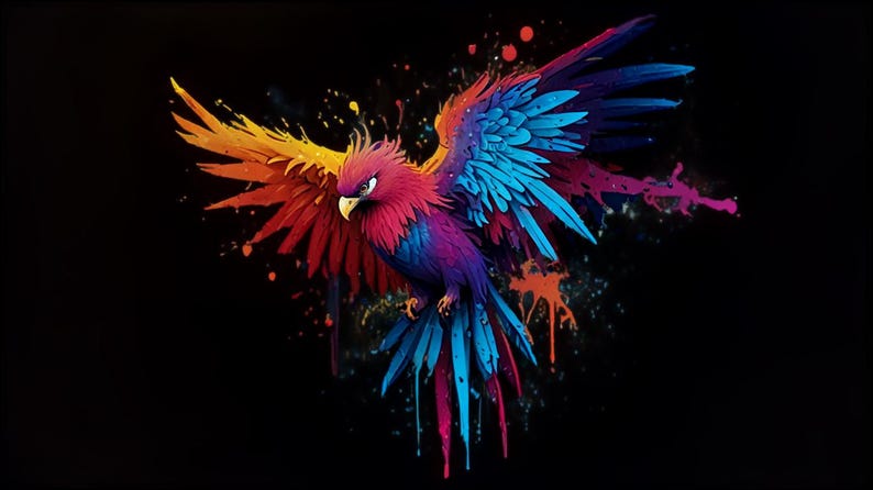 May include: A colorful bird with outstretched wings, painted in shades of red, orange, yellow, blue, and purple, against a black background with splattered paint.