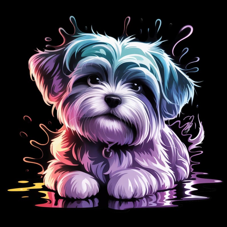 May include: A digital illustration of a small dog with fluffy white, purple, and blue fur, set against a black background. The dog has a sweet expression and is wearing a small collar. Colorful paint splashes surround the dog.