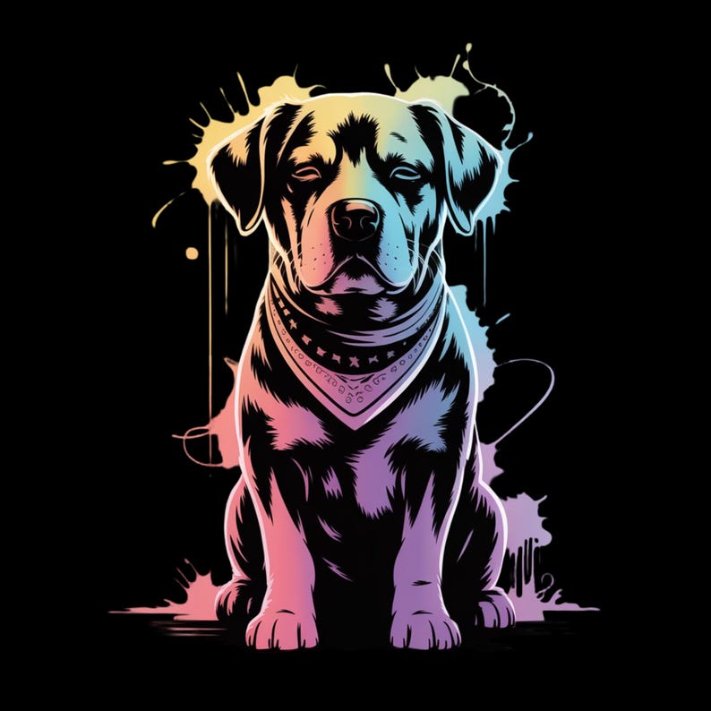 May include: A digital illustration of a dog with a bandana, set against a black background with colorful paint splatters. The dog's fur transitions from pink to purple, with blue and yellow accents.