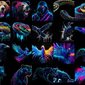 May include: A digital collage of various animals and objects, including a bear, snake, crow, panther, and a record player, all rendered in a neon color palette with a dripping paint effect.
