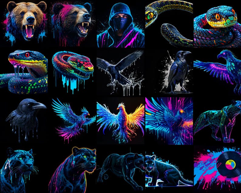 May include: A digital collage of various animals and objects, including a bear, snake, crow, panther, and a record player, all rendered in a neon color palette with a dripping paint effect.
