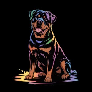 May include: A digital illustration of a Rottweiler dog sitting with a rainbow gradient effect. The dog has a black coat with brown and rainbow highlights, a pink tongue, and is set against a black background.