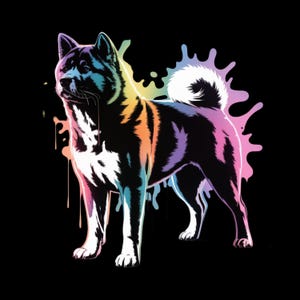 May include: A stylized illustration of an Akita dog with a black and white coat, accented with rainbow colors. The dog is set against a black background with colorful paint splatter effects.