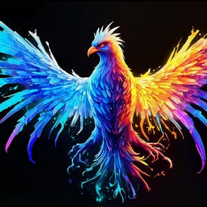 May include: A colorful phoenix with blue, purple, yellow, and orange feathers, with its wings spread wide. The phoenix is set against a black background.