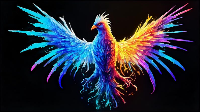 May include: A colorful phoenix with blue, purple, yellow, and orange feathers, with its wings spread wide. The phoenix is set against a black background.