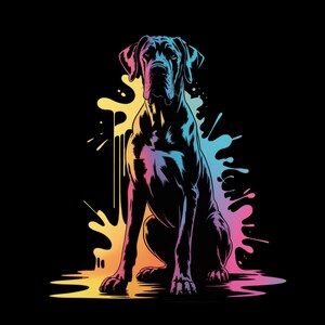 May include: A digital illustration of a Great Dane dog in a sitting position, rendered in a gradient of colors including yellow, pink, and blue. The dog is set against a black background with colorful paint splatter effects.
