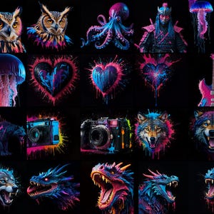 May include: A collage of colorful images with a variety of subjects, including animals, nature, music, and photography. The images are all set against a black background and have a vibrant, psychedelic aesthetic.