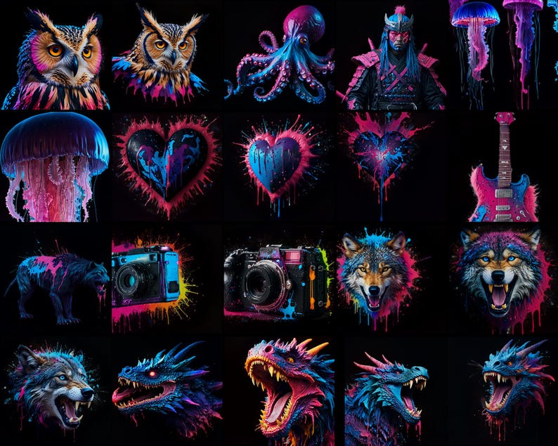May include: A collage of colorful images with a variety of subjects, including animals, nature, music, and photography. The images are all set against a black background and have a vibrant, psychedelic aesthetic.