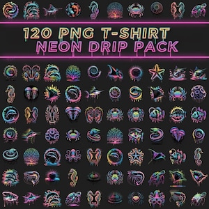 Könnte beinhalten: Eine Sammlung von 120 PNG-T-Shirt-Designs mit Neon-Tropf-Effekt. Die Designs zeigen verschiedene Illustrationen zum Thema Meeresleben und Ozean in leuchtenden Farben, darunter Seepferdchen, Krabben und Fische, auf dunklem Hintergrund.