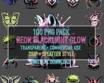 100 T-Shirt Neon Animal PNG Bundle — UV Blacklight Glow, Drip Graffiti, Transparent, POD Ready