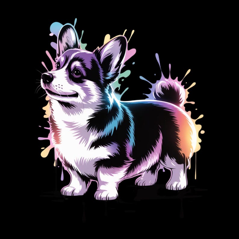 May include: A digital illustration of a Corgi dog with a black, white, and purple coat, set against a black background. Colorful paint splatters in shades of blue, yellow, and pink surround the dog, creating a vibrant and artistic effect.