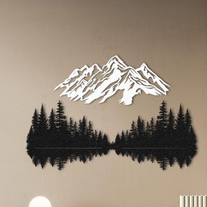 Art mural en métal en forme de forêt de montagne, décoration murale nature montagne et forêt, décoration de chambre, décoration extérieure, décoration en métal de montagne, art mural en métal pour cheminée