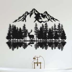 Arte in metallo alla moda con grandi cervi, arte in metallo con foresta e cervi, pittura con foresta e montagna, arte murale con lago di montagna, regalo di decorazioni naturali, arazzo da parete