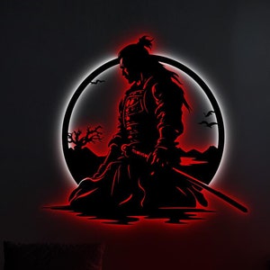Samurai Wall Decor, Metal Samurai Wall Art, Game Room Decor, Man Cave Wall Art, Gamer Gift, Samurai Warrior Art,Led Wall Art