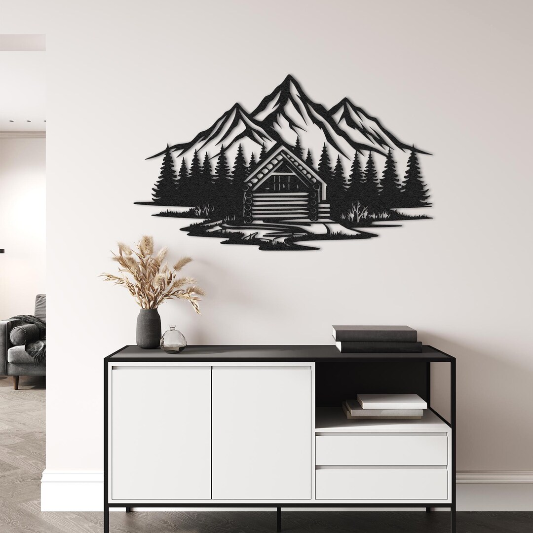 Mountain Forest Metal Wall Art, Wooden House Forest View Decor Gift ...