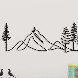 Decorazione da parete in metallo con pino e montagna, regalo perfetto per gli amanti della natura, silhouette della foresta, arte della foresta di pino e montagna, regalo di decorazione della natura