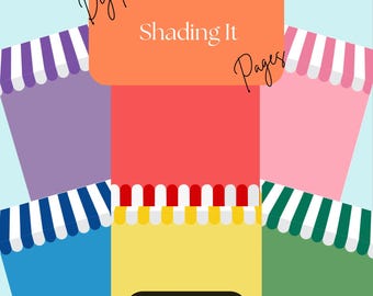 May include: A set of six digital planner pages with a striped awning design. The pages are in different colors, including purple, red, yellow, and green. The text "Shading It Pages" is written on the top page. The text "Goodnotes *ONLY*" is written on the yellow page.