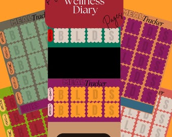 May include: Digital Wellness Diary pages with meal tracker stickers in various colors. The stickers have the letters B, L, D, and S, and the days of the week. The text "Goodnotes *ONLY*" is also visible.