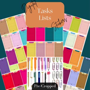 Puede incluir: Pegatinas digitales de listas de tareas para Goodnotes en varios colores, incluyendo rosa, turquesa y amarillo. La imagen también presenta bolígrafos, rotuladores y clips. El texto en la imagen dice "Digital Tasks Lists Stickers" y "Pre-Cropped Goodnotes *ONLY*".