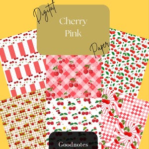 May include: A set of six digital papers featuring a cherry and pink theme. The papers include a red and white striped pattern, a pink and white gingham pattern, a white background with red cherries and green leaves, a white background with red cherries and gold polka dots, a pink and white checkered pattern, and a pink and white striped pattern with red cherries. The papers are labeled "Cherry Pink Paper" and "Goodnotes ONLY".